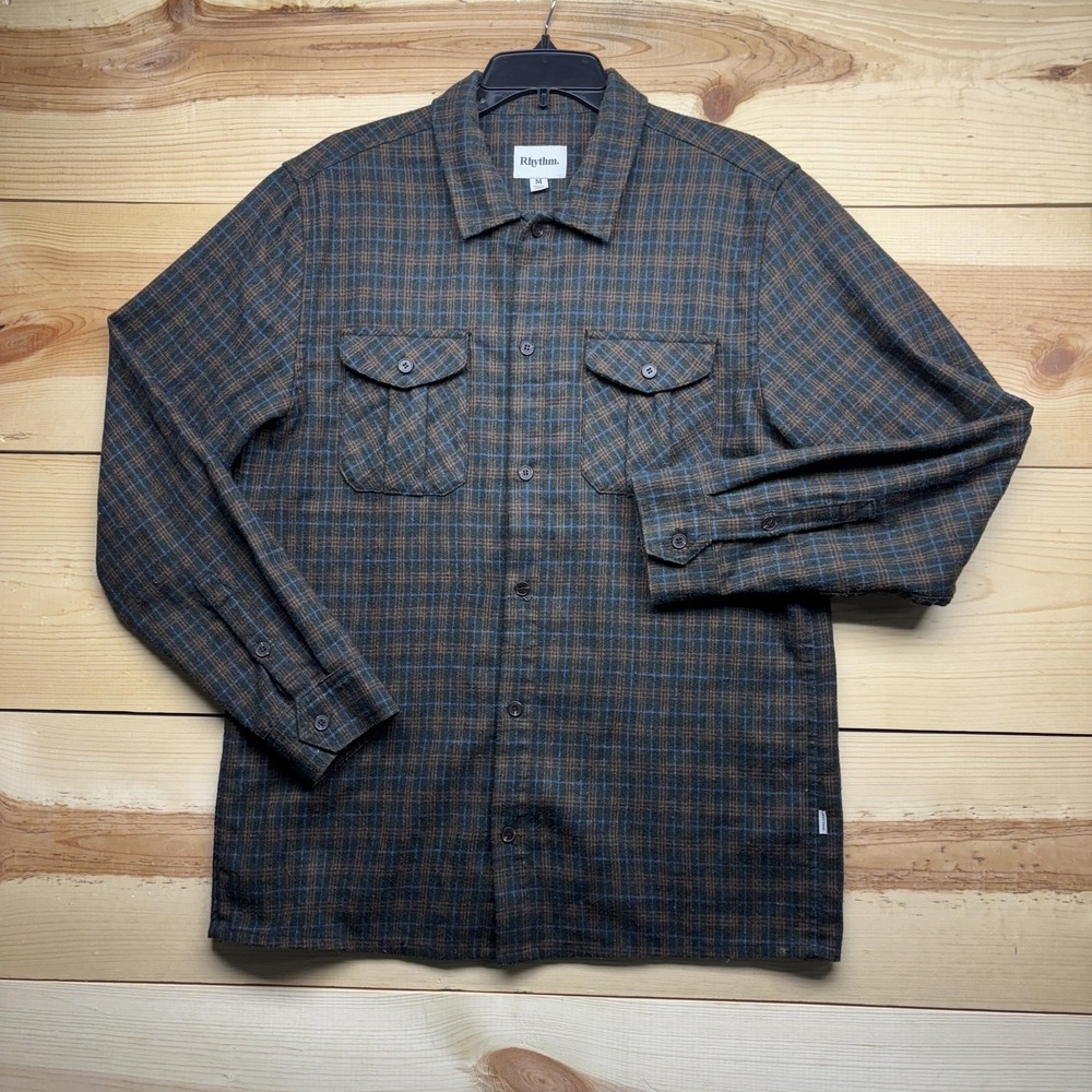 Rhythm Shirt Mens M Brown Plaid Flannel Long Sleeve Button Up Pockets Casual‎